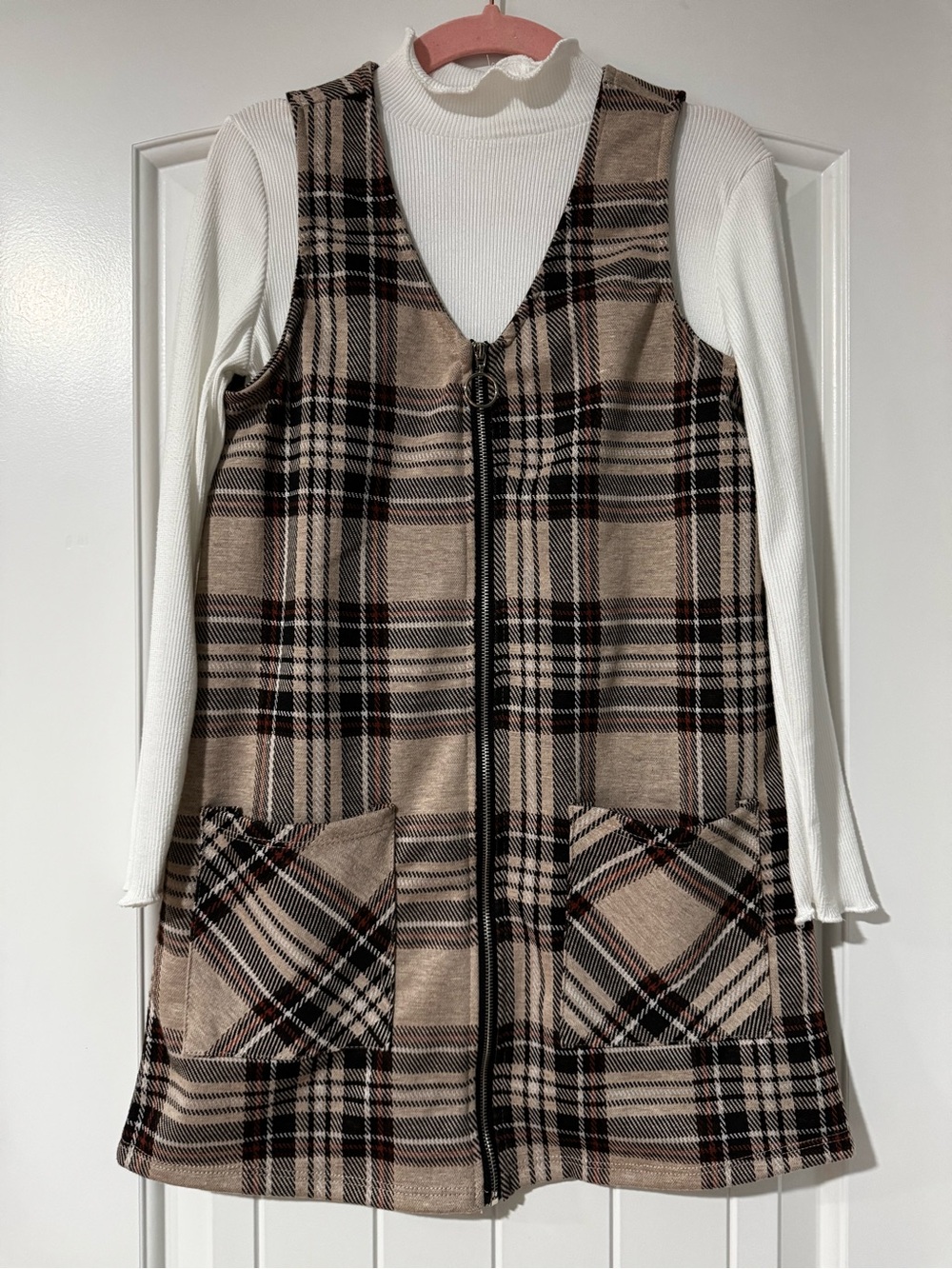 btween Brand Beige Plaid Zip-Front Sleeveless Tunic and LS Top - EC - Size